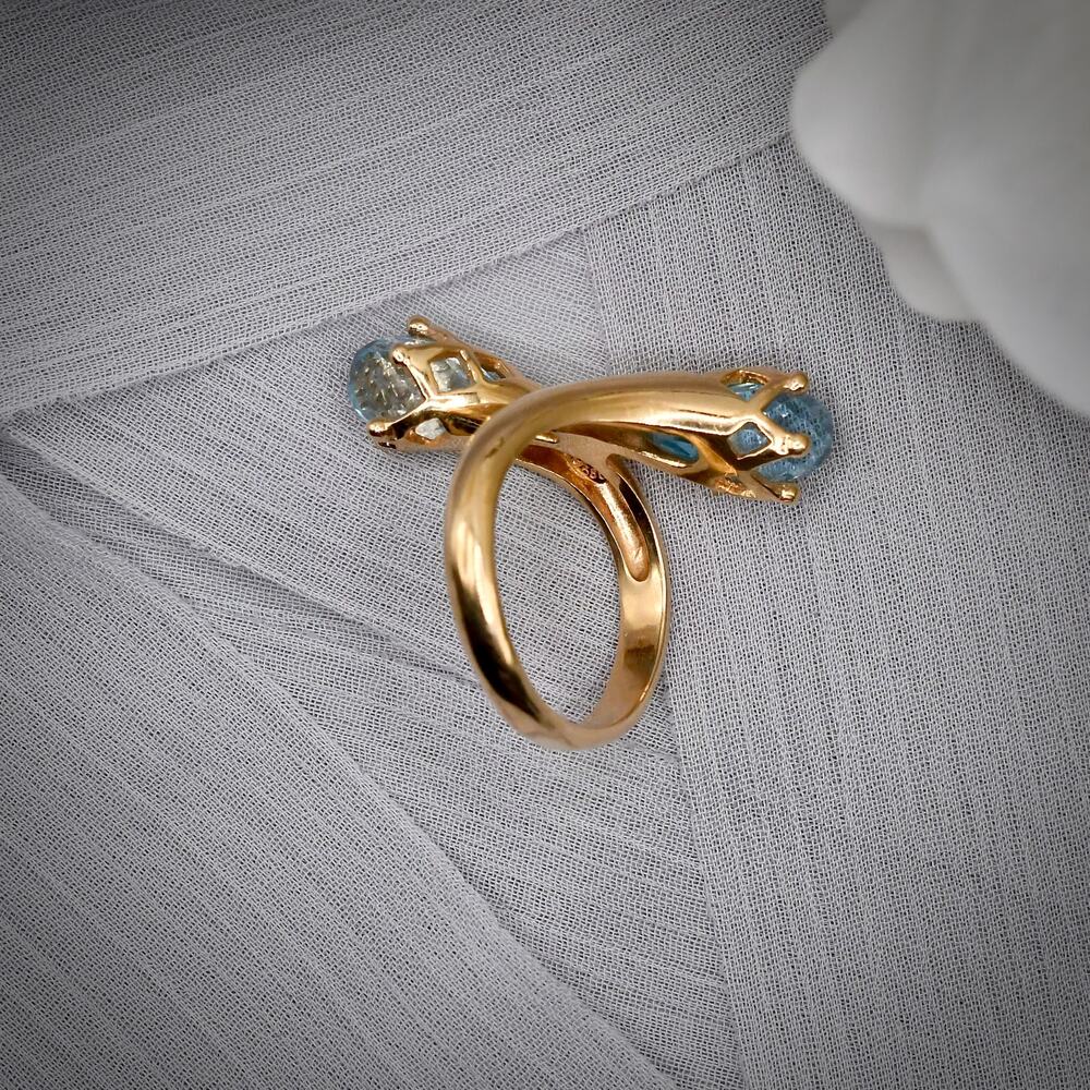 Vintage 14k Gold Blue Topaz Bypass Ring Heavy Retro Pear Cocktail Size 7 - Picture 13 of 14